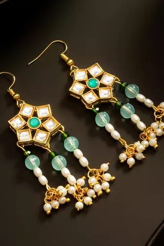 Green kundan pearl chandelier earrings
