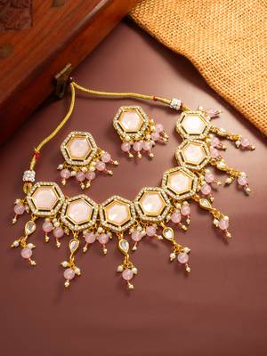 Pink stone hexagon choker necklace set 1