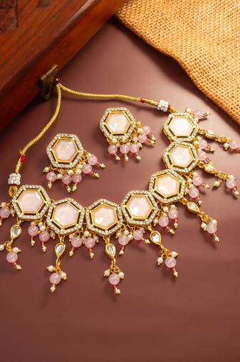 Pink stone hexagon choker necklace set