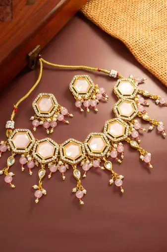 Pink stone hexagon choker necklace set