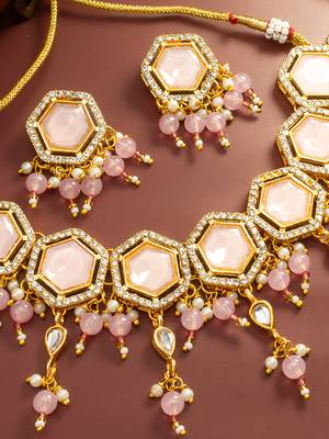 Pink stone hexagon choker necklace set 2