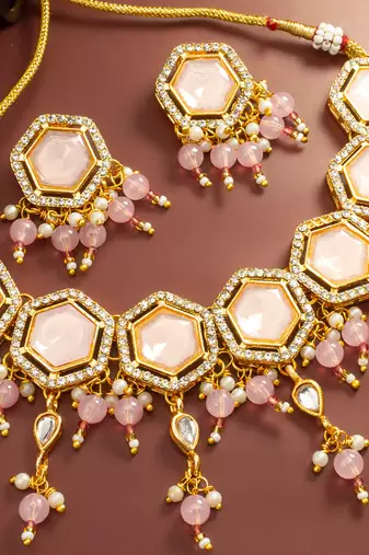 Pink stone hexagon choker necklace set