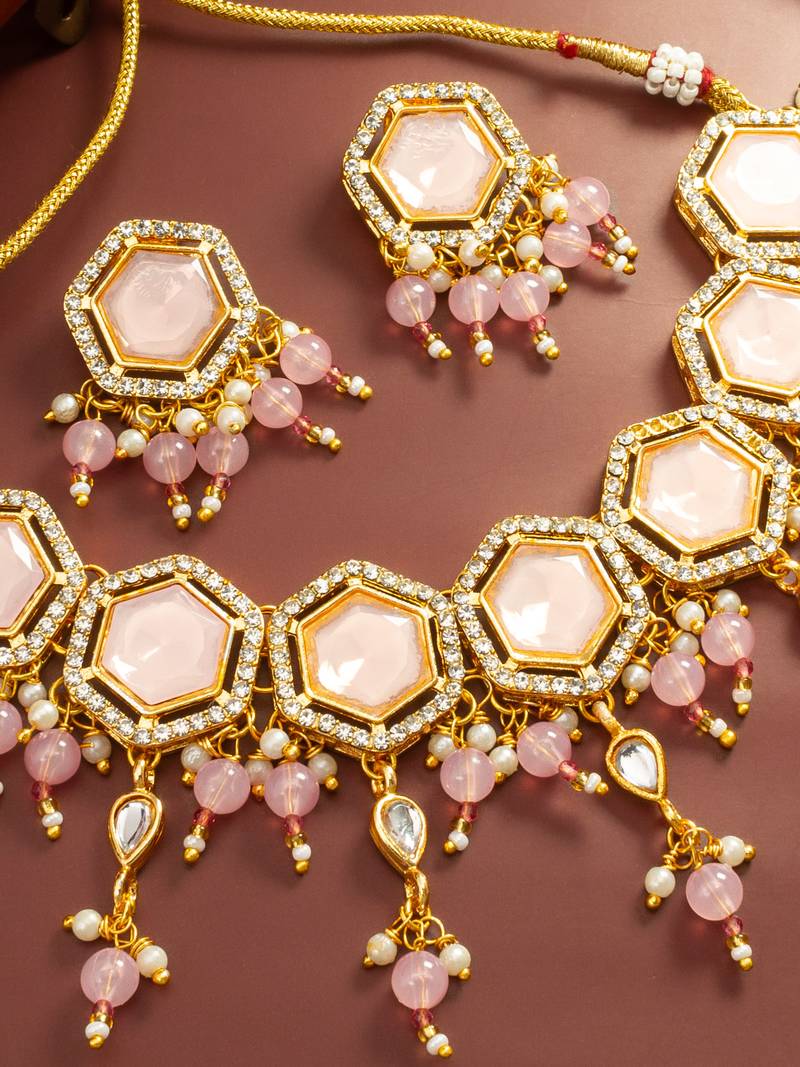 Pink stone hexagon choker necklace set