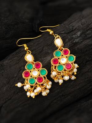 Pink green kundan cluster earrings 1