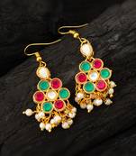 Pink green kundan cluster earrings