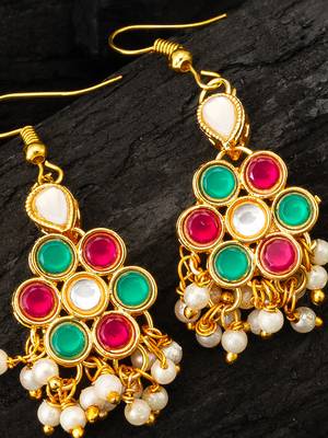 Pink green kundan cluster earrings 2