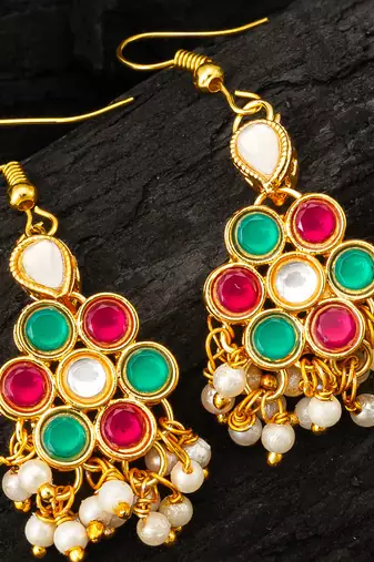 Pink green kundan cluster earrings