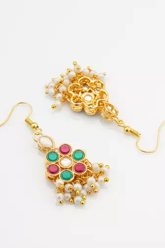 Pink green kundan cluster earrings