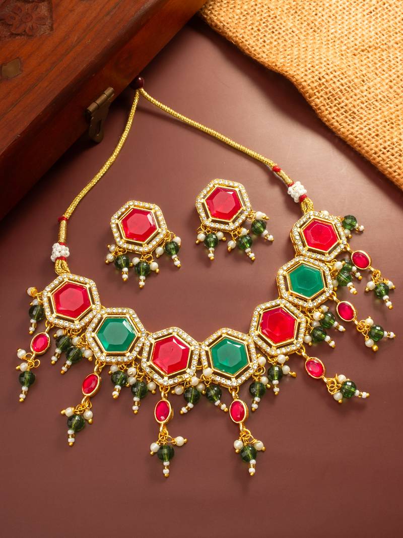 Red green stone kundan choker set