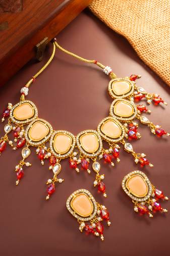 Peach stone red bead choker set