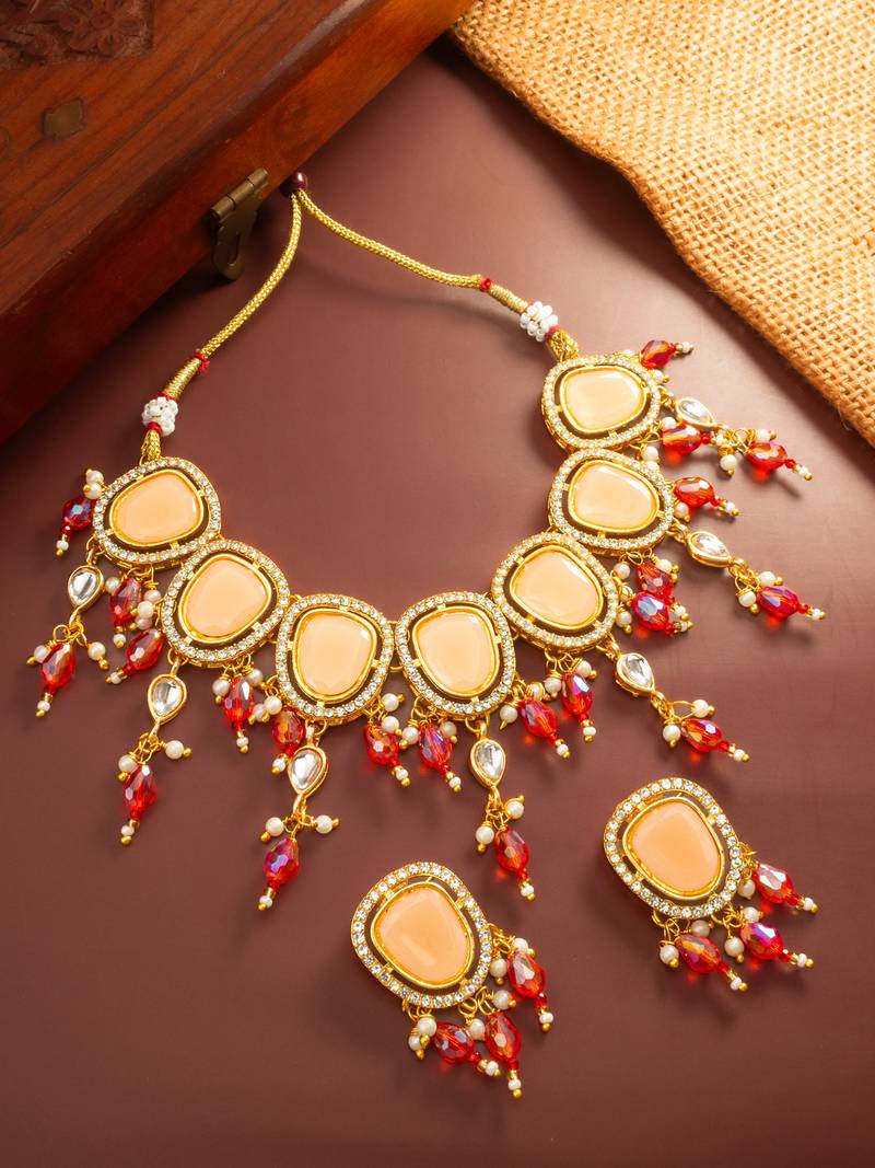 Peach stone red bead choker set