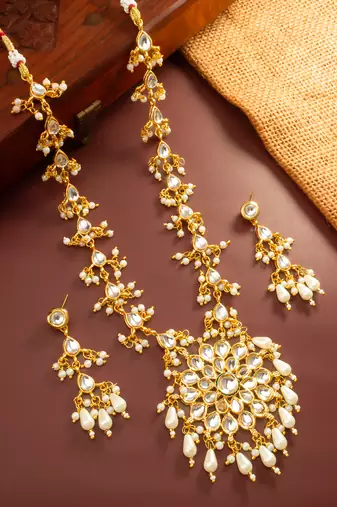 Floral kundan pendant long necklace set