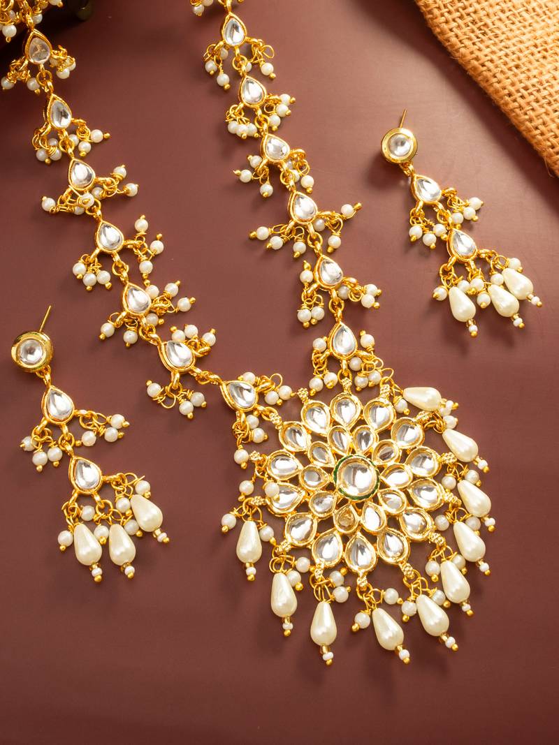 Floral kundan pendant long necklace set