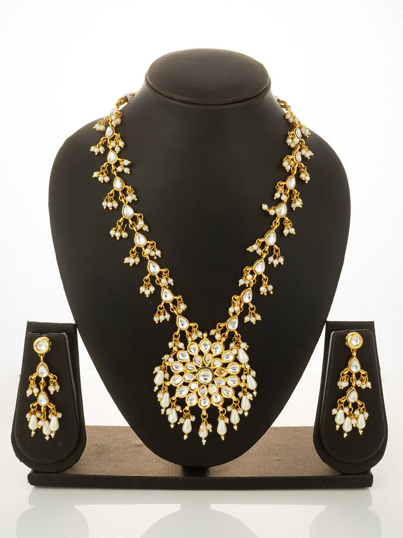 Floral kundan pendant long necklace set