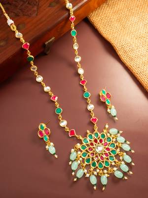 Green pink stone kundan necklace set 1