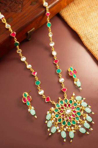 Green pink stone kundan necklace set