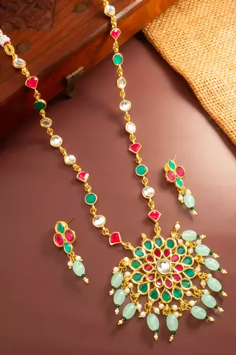 Green pink stone kundan necklace set