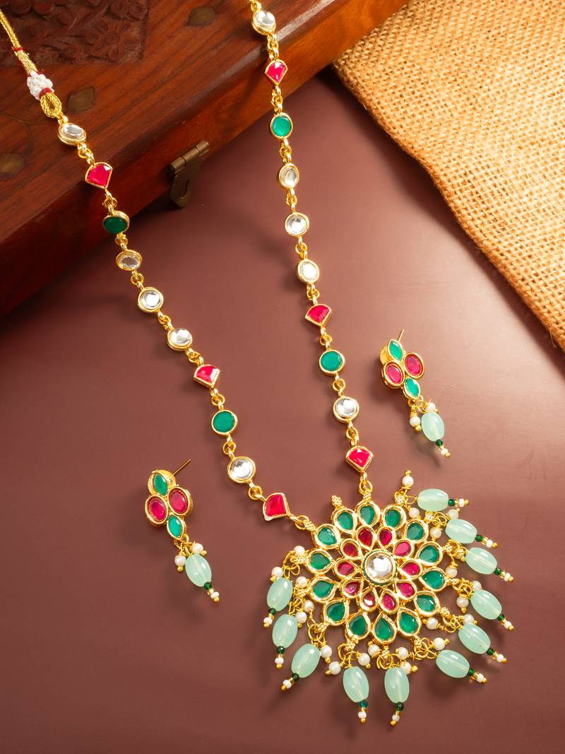 Green pink stone kundan necklace set