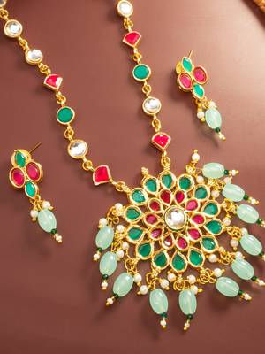 Green pink stone kundan necklace set 2