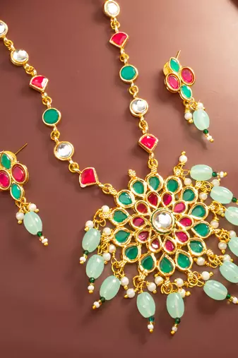 Green pink stone kundan necklace set