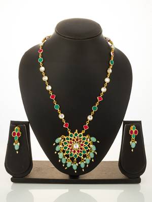 Green pink stone kundan necklace set 4