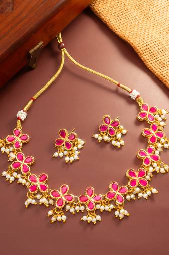 Pink floral pearl necklace earring set