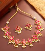 Pink floral pearl necklace earring set