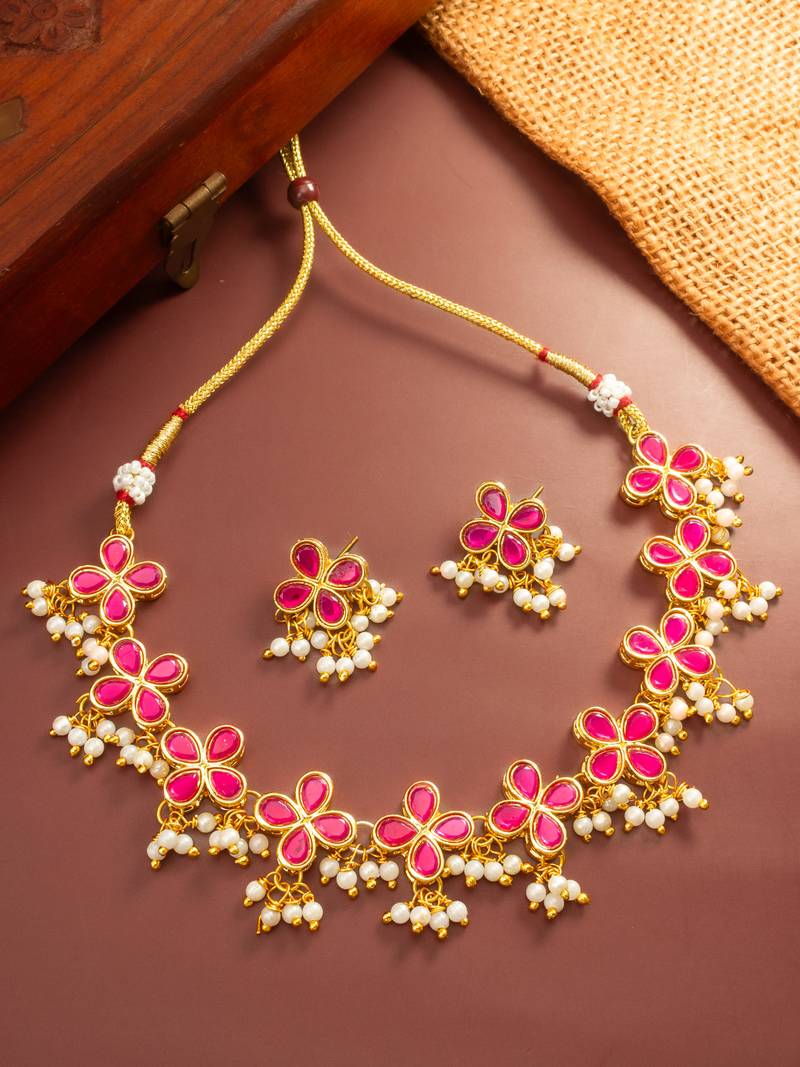 Pink floral pearl necklace earring set