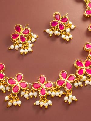 Pink floral pearl necklace earring set 2