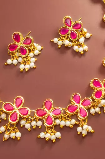 Pink floral pearl necklace earring set