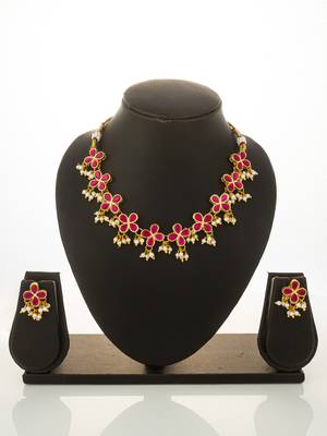 Pink floral pearl necklace earring set 4