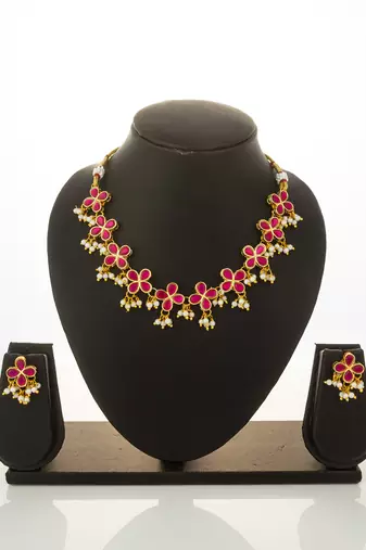 Pink floral pearl necklace earring set