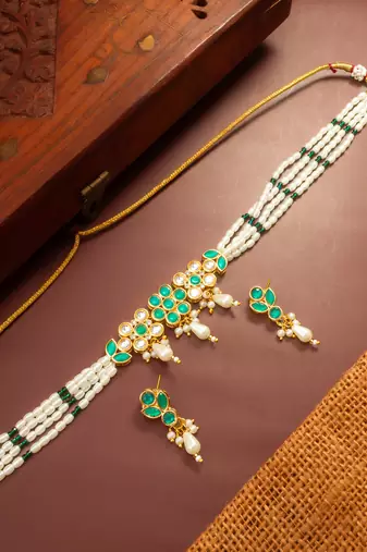 Green stone pearl choker necklace set