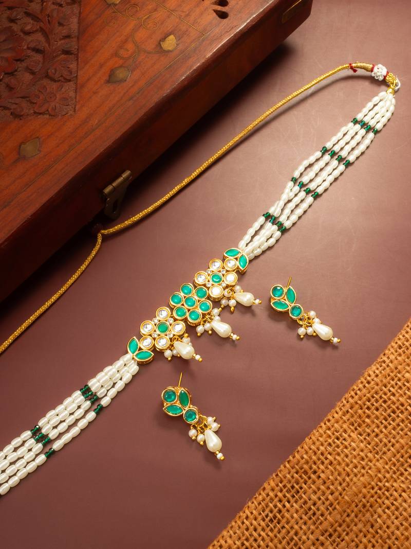 Green stone pearl choker necklace set