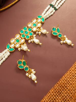 Green stone pearl choker necklace set 2