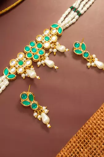 Green stone pearl choker necklace set