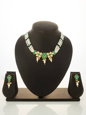 Green stone pearl choker necklace set 4