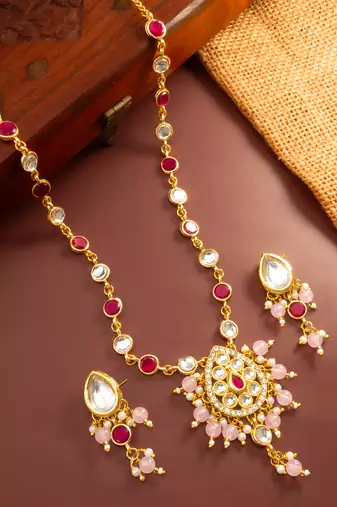 Ruby kundan pendant necklace earring set