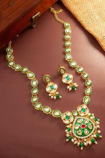 Green enamel kundan necklace earring set