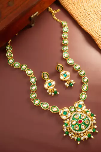 Green enamel kundan necklace earring set