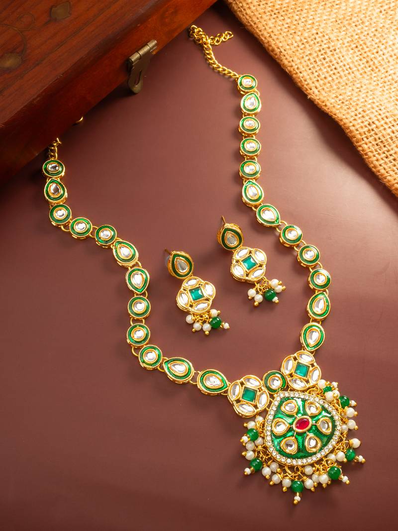 Green enamel kundan necklace earring set