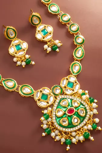 Green enamel kundan necklace earring set