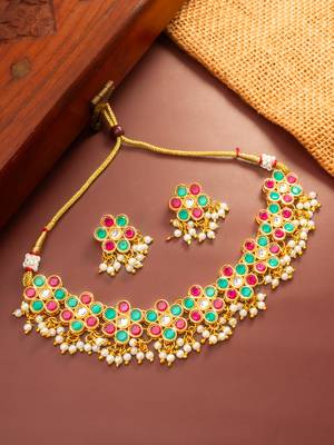 Multicolor pearl fringe choker necklace set 1