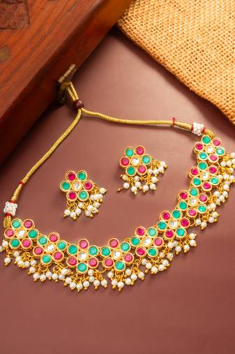 Multicolor pearl fringe choker necklace set
