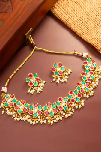 Multicolor pearl fringe choker necklace set