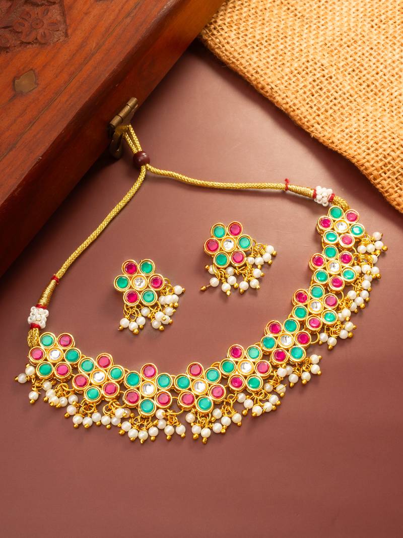 Multicolor pearl fringe choker necklace set