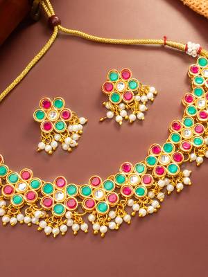 Multicolor pearl fringe choker necklace set 2