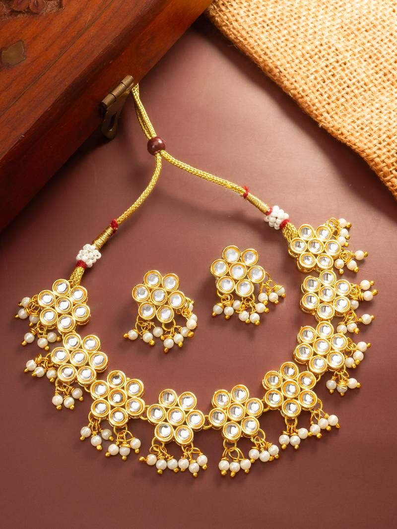 White kundan pearl choker necklace set