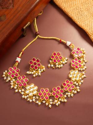 Pink floral kundan necklace earring set 1