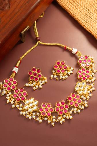 Pink floral kundan necklace earring set